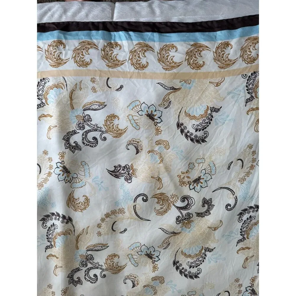 Vintage Style Paisley Floral Square Satin Scarf 34” Blue Brown Cream